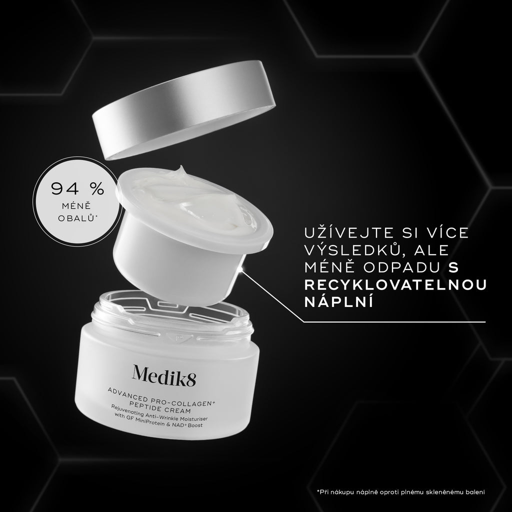 Krém Medik8 Advanced Pro-Collagen+ Peptide Cream v kelímku je vyobrazen s recyklovatelnou náplní, která se vznáší nad ním, na černém pozadí s šestiúhelníkovým vzorem. Text zdůrazňuje o 94 % menší obal a viditelné výsledky při menším množství odpadu.
