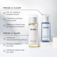 Srovnávací grafika představující lahvičky Medik8 Press & Glow a Press & Clear. Text zdůrazňuje, že přípravek Press & Clear je určen k řešení viditelných nedokonalostí pleti a přípravek Press & Glow k vyhlazení nerovnoměrné struktury pleti.