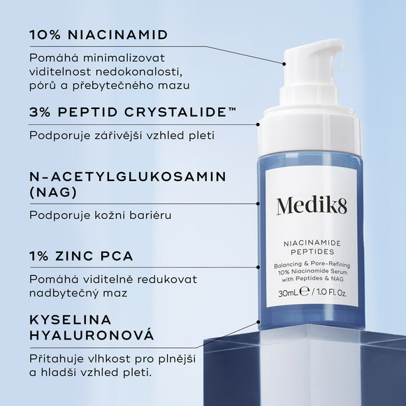 Lahvička séra Medik8 Niacinamide Peptides je vystavena na modrém podstavci. Linky spojují lahvičku s textem popisujícím klíčové složky:
10 % niacinamidu
3 % peptidu Crystalide
N-acetylglukosamin
1 % Zinc PCA
Kyselina hyaluronová-hover-9