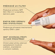 Na obrázku je bílé balení přípravku Advanced Day Ultimate Protect. V popiscích jsou zdůrazněny klíčové složky: PREMIUM UV FILTRY, ENZYM PRO OPRAVU DNA a 360° OCHRANA PROTI VLIVŮM OKOLNÍHO PROSTŘEDÍ.