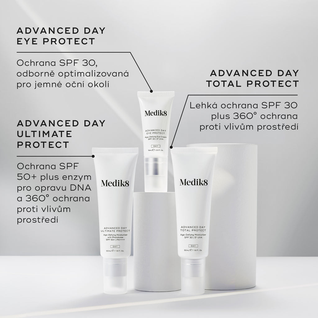Tři opalovací krémy značky Medik8 vystavené na bílých podstavcích před šedým pozadím. Na etiketách jsou uvedeny produkty Advanced Day Eye Protect (ochrana SPF 30 pro oblast kolem očí), Advanced Day Ultimate Protect (ochrana SPF 50+ s enzymy pro opravu DNA) a Advanced Day Total Protect (lehký krém s SPF 30 a 360° ochranou proti vnějším vlivům).