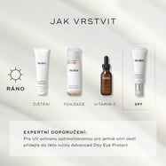 Infografika s názvem „JAK VRSTVIT“ představuje čtyřkrokovou ranní rutinu: Očištění (Surface Radiance Cleanse), Tonizace (Press & Glow), Vitamín C (C-Tetra Luxe) a Ochrana proti slunci (Advanced Day Ultimate Protect). Odborné doporučení v dolní části navrhuje doplnit tuto rutinu o přípravek Advanced Day Eye Protect pro ochranu citlivé oblasti kolem očí.