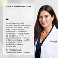 Portrét kosmetické lékařky Dr. Bibi Ghalaieové v laboratorním plášti značky Medik8 s titulkem „MEDIK8 GLOBAL AMBASSADOR“ a citátem: „Dosud jsem neviděla žádný produkt, který by skutečně dokázal překlenout propast mezi ošetřeními v lékařské klinice a domácí péčí – a tohle je on! U svých pacientů jsem zaznamenala viditelné výsledky, jejich pleť je znatelně pružnější a mladistvější.“