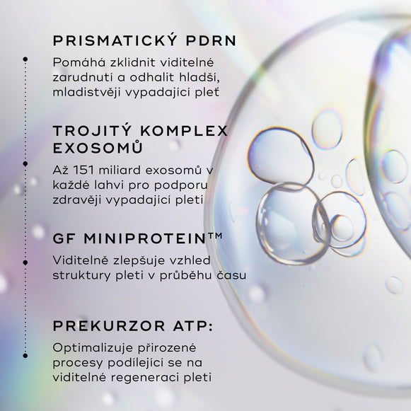 Grafické znázornění klíčových složek přípravku Medik8 Exo-PDRN Prismatic+, včetně prismatického PDRN, trojitého exozomového komplexu, růstového faktoru MiniProtein a prekurzoru ATP.-hover-2