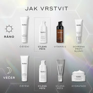 W przewodniku dotyczącym porannej i wieczornej rutyny pielęgnacyjnej produkty Medik8 przedstawiono na jasnoszarym tle z subtelnymi sześciokątnymi wzorami. Buteleczka EXO-PDRN Prismatic+ została wyróżniona jako etap „CIBLE” (cel) w obu rutynowych zabiegach i stosowana jest po oczyszczeniu skóry. Rano po jej zastosowaniu nakłada się witaminę C i filtr przeciwsłoneczny. Wieczorem po jej zastosowaniu nakłada się krystaliczny retinal (witamina A) oraz krem nawilżający.