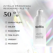 Medik8 Exo-PDRN Prismatic+ sérum je zobrazeno s textem:
„Zvyšte přirozenou regeneraci pleti o více než 50 %*“
Vedle jsou uvedeny benefity zahrnující:
zdraví pleti
objem
rozjasnění
tón pleti
vrásky
pevnost
