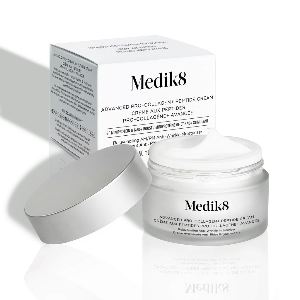 Bílá produktová krabička Advanced Pro-Collagen+ Peptide Cream Mask stojí vedle produktu.