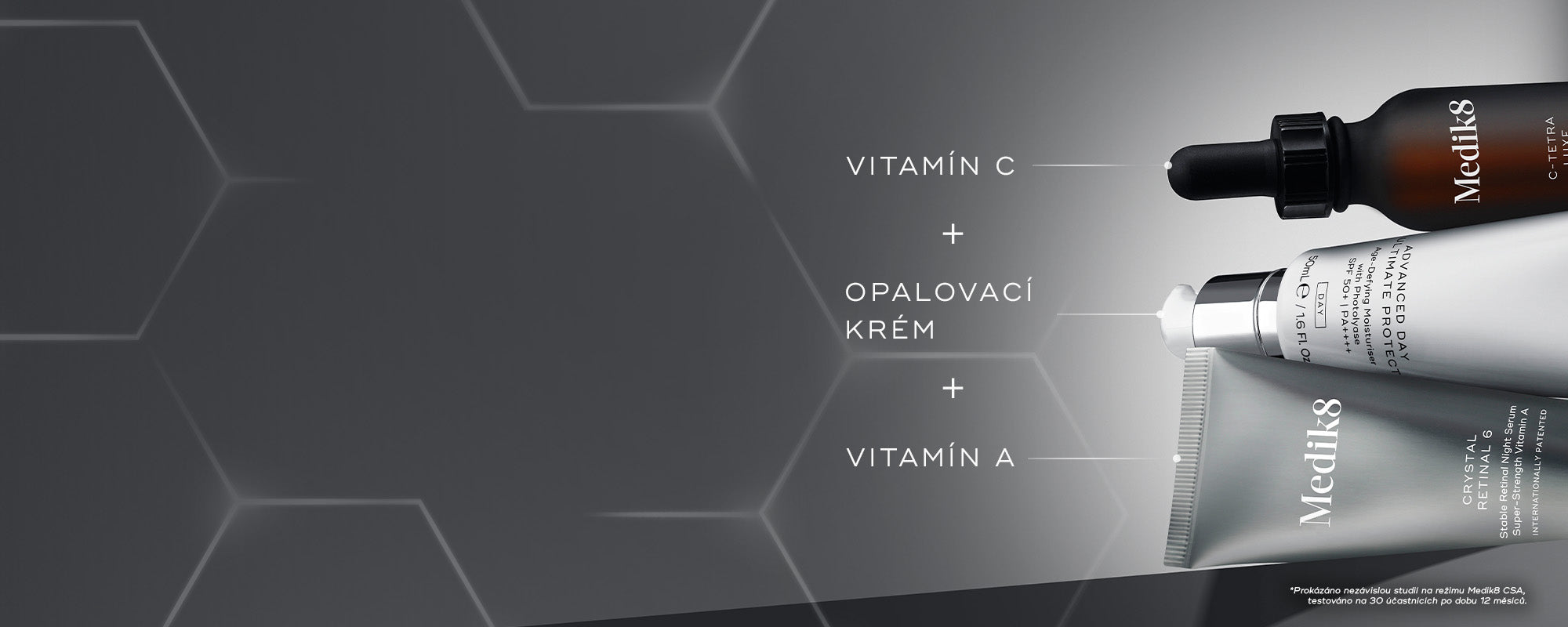 Elegantní webový banner s šedým přechodem, který představuje filozofii CSA značky Medik8: vitamín C, sluneční ochrana a vitamín A na pozadí sofistikovaných tmavě uhlově šedých vědeckých šestiúhelníkových molekul. Text na levé straně zní: „Objevte naši charakteristickou filozofii CSA. NEJEDNODUŠŠÍ CESTA K ZDRAVÉ A MLADĚJŠÍ PLETI“, nad tlačítkem „NAKUPOVAT NYNÍ“. Vpravo jsou horizontálně naskládány tři produkty: jantarová skleněná lahvička přípravku C-Tetra Luxe, čistě bílá tuba přípravku Advanced Day Ultimat
