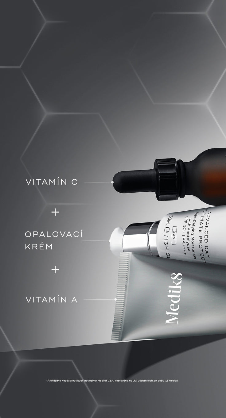Elegantní webový banner s šedým přechodem, který představuje filozofii CSA značky Medik8: vitamín C, sluneční ochrana a vitamín A na pozadí sofistikovaných tmavě uhlově šedých vědeckých šestiúhelníkových molekul. Text na levé straně zní: „Objevte naši charakteristickou filozofii CSA. NEJEDNODUŠŠÍ CESTA K ZDRAVÉ A MLADĚJŠÍ PLETI“, nad tlačítkem „NAKUPOVAT NYNÍ“. Vpravo jsou horizontálně naskládány tři produkty: jantarová skleněná lahvička přípravku C-Tetra Luxe, čistě bílá tuba přípravku Advanced Day Ultimat
